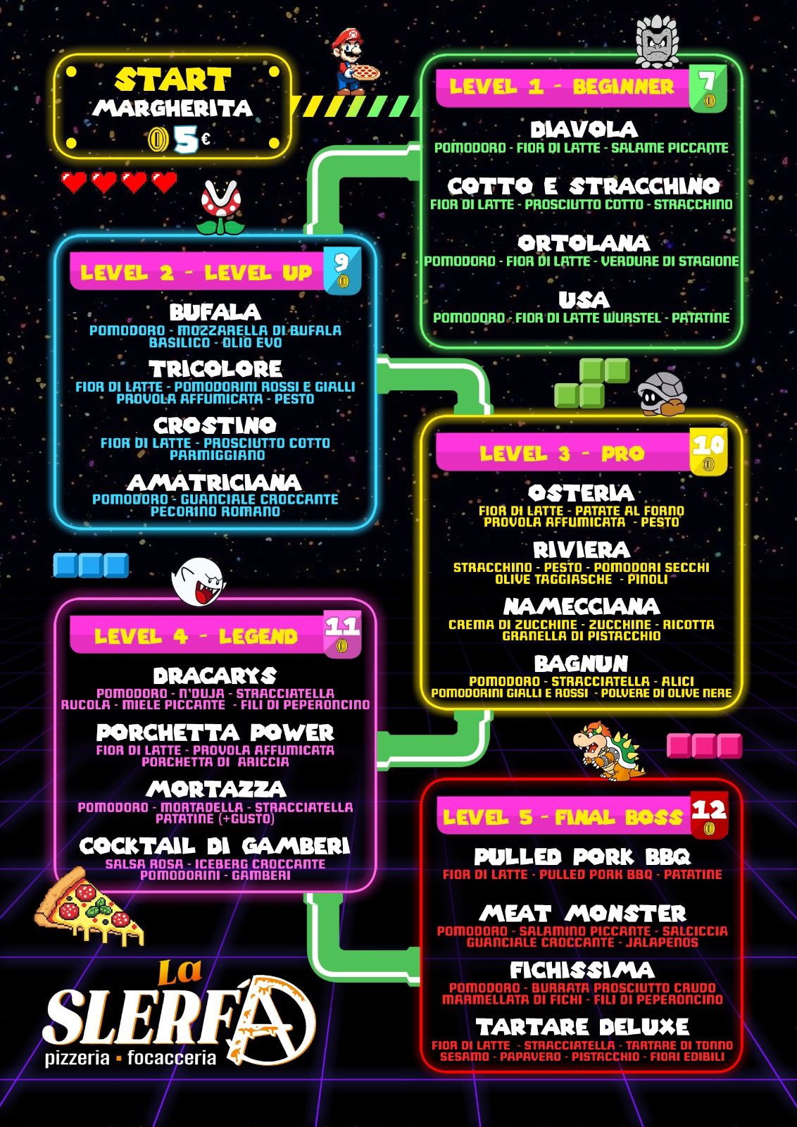 Menu completo La Slerfa con pizze divise per livelli